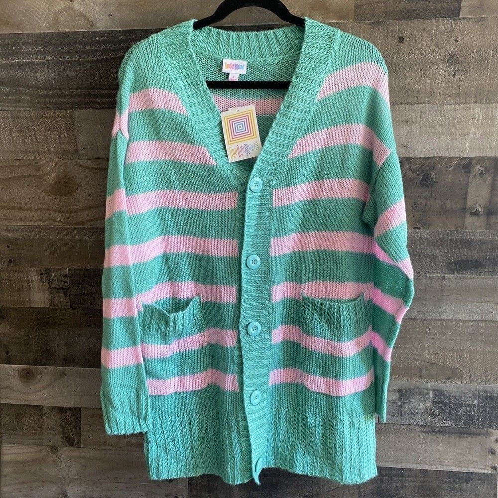 LuLaRoe Lucille Knit Cardigan Pink/Green Stripe Size S Oversized Sweater